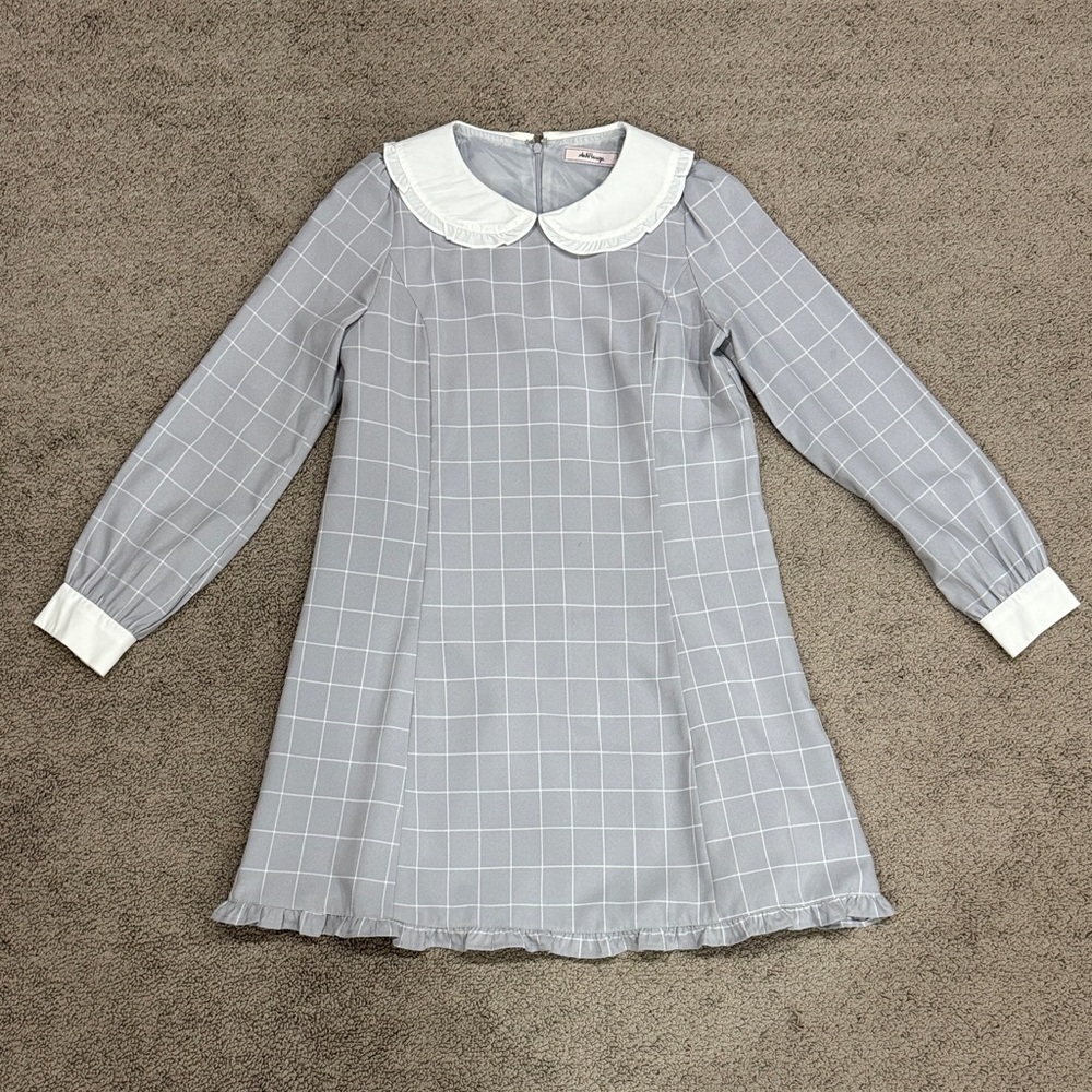 Ank Rouge Japan brand schoolgirl Gray Plaid Long Sleeve Dress White Collar